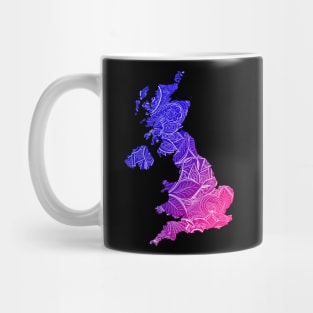 Colorful mandala art map of United Kingdom with text in blue and violet Mug